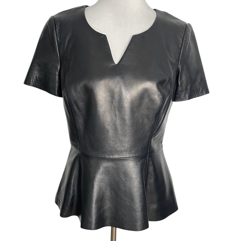 Antonio Melani Black Leather Ponte Knit Back Peplum Top Short Sleeve Medium